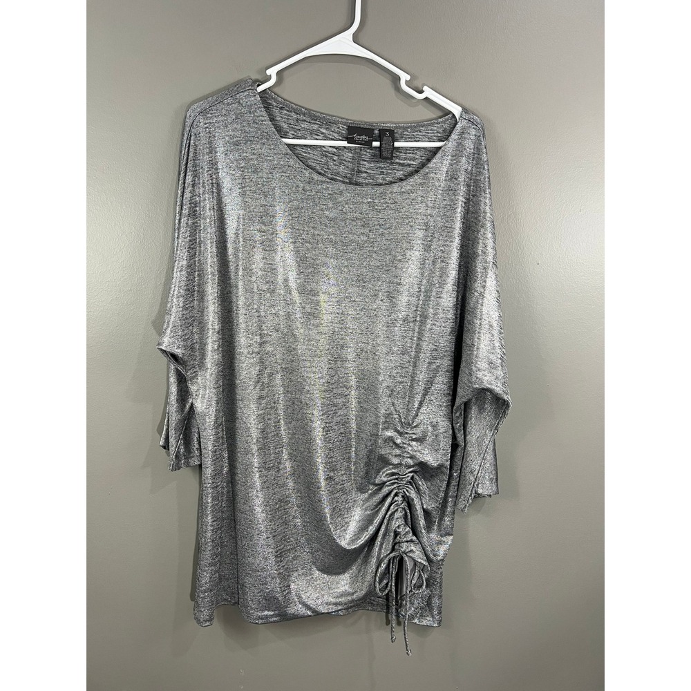 Chico's Travelers Tunic Women 3 Silver Great Metallic Ruched Side Cinch Top